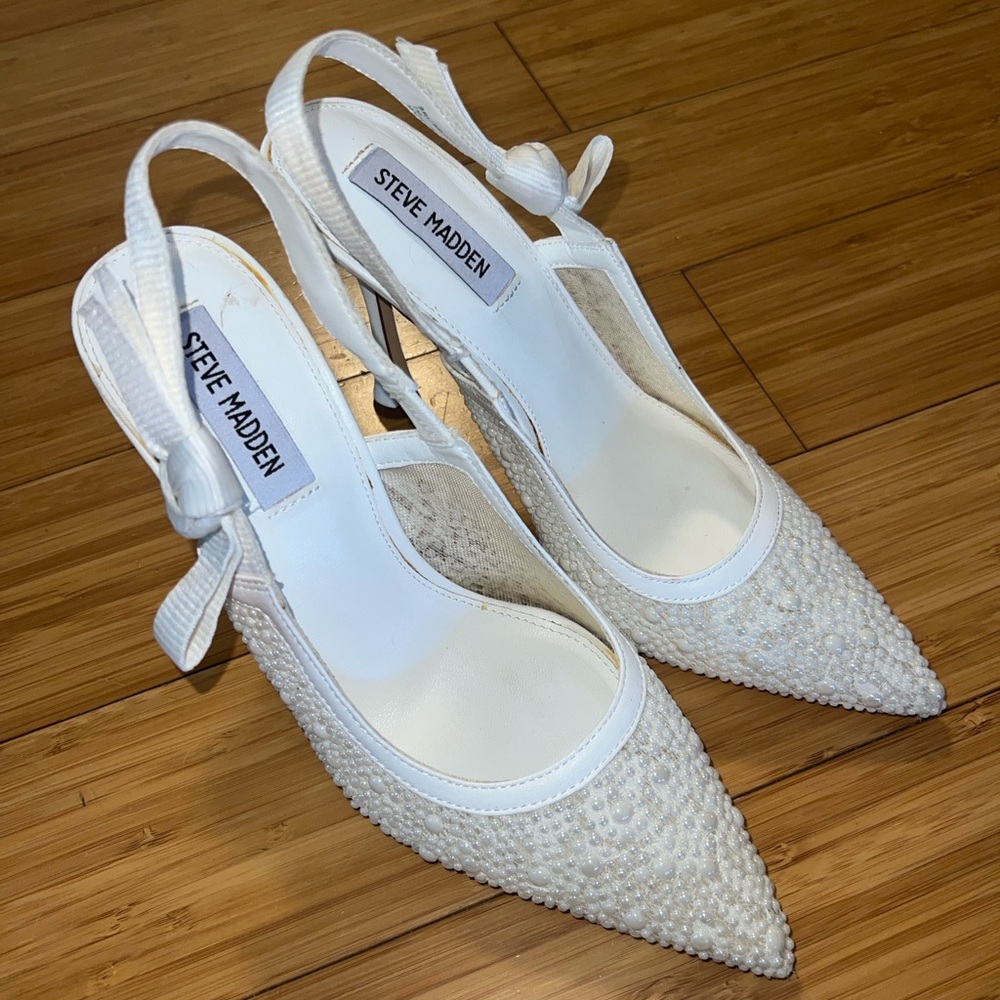 Steve Madden White Pearl-Embellished Pointed Slingback Pumps